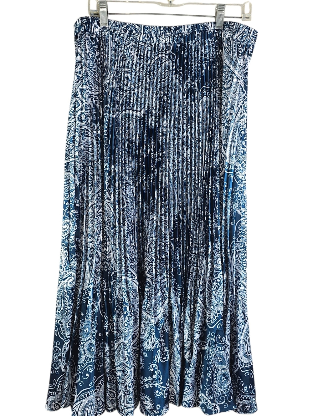 Chico's Faux Silk Tile Print Micropleated Midi Skirt In L - Picture 6 of 11
